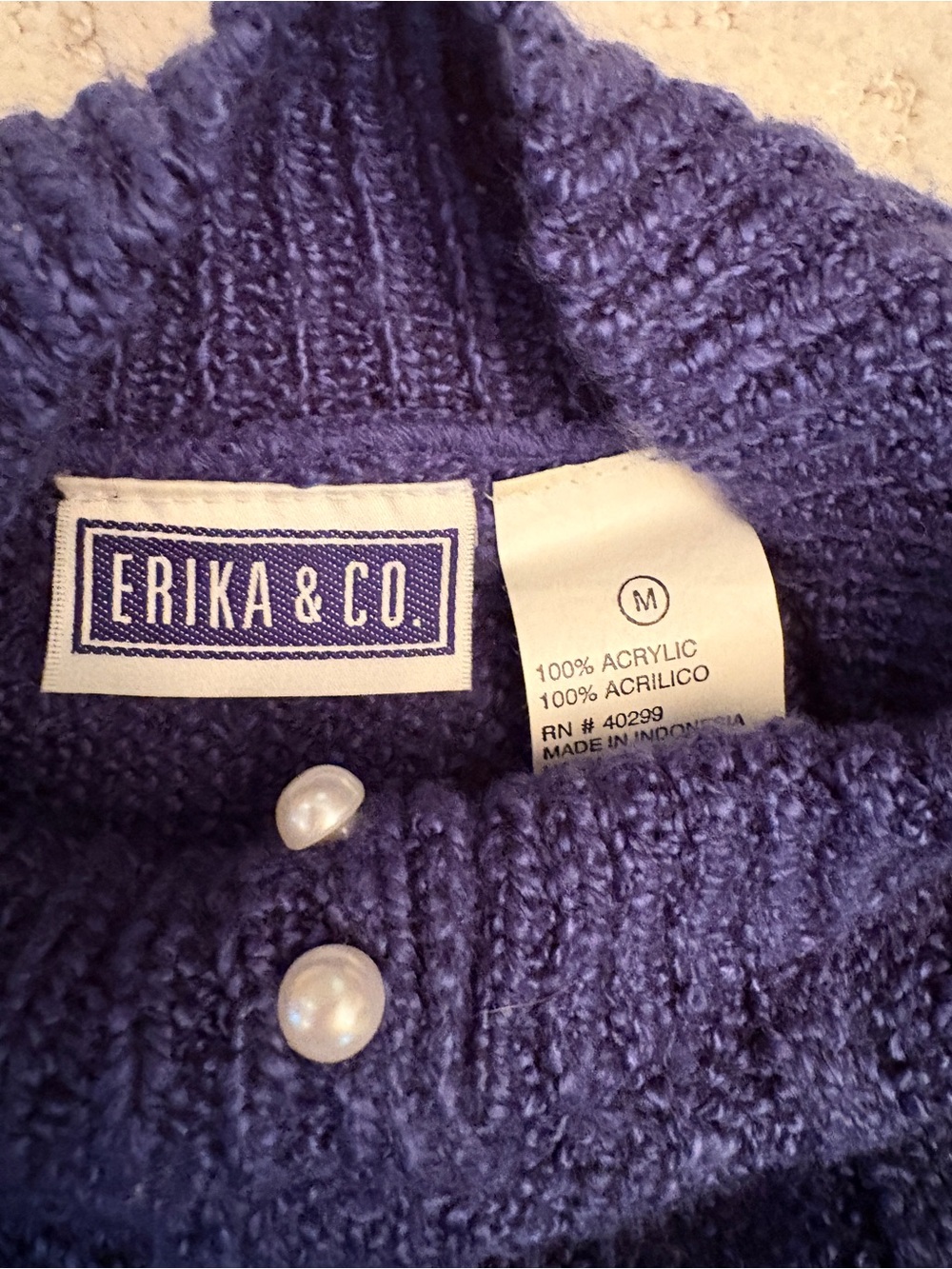 Vintage Blue Rough Cable Knit Sweater Size M Mock Neck With Faux Pearl Buttons - Picture 4 of 9